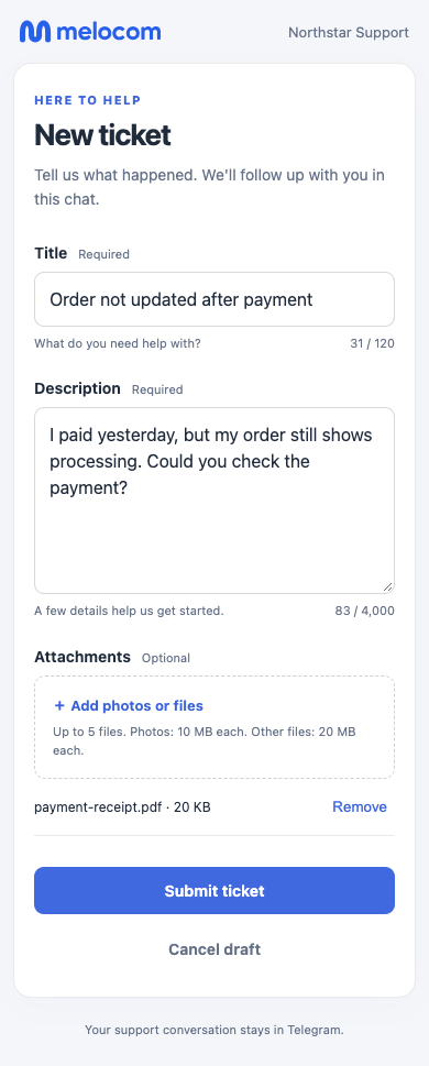 melocom customer form with a sample ticket title, description and attached file.